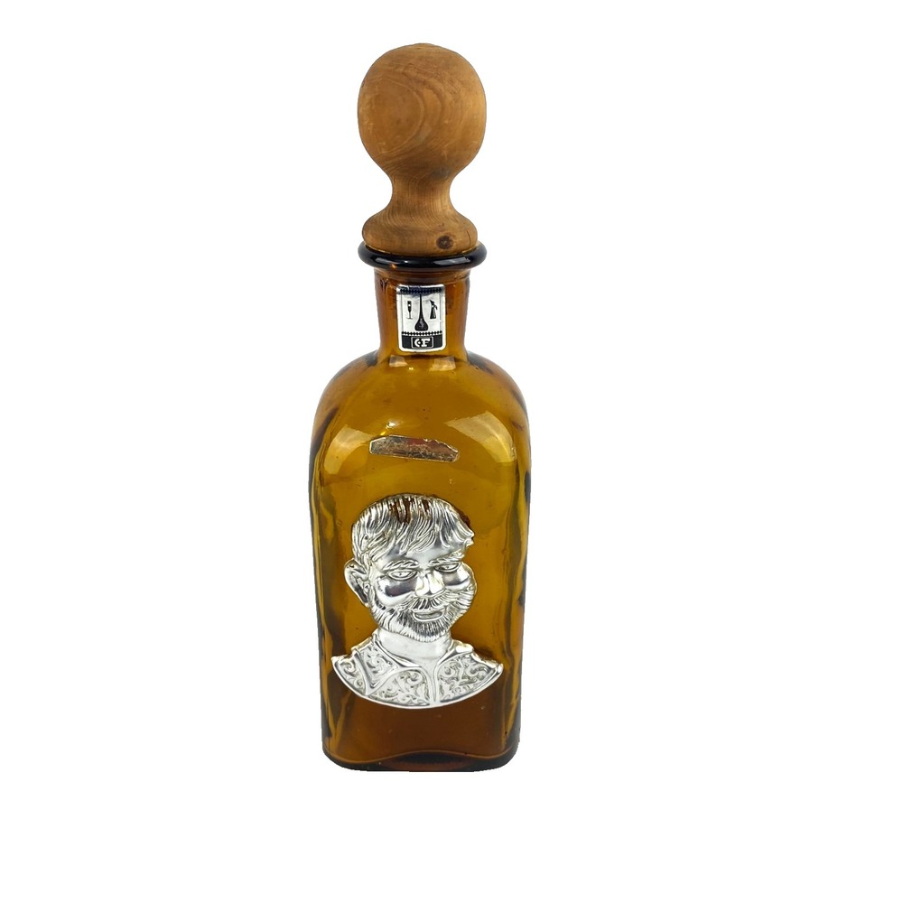 Amber Liquor Bottle of Sancho Panza Wood Cork Top Empty Nickel Silver Relief 12"